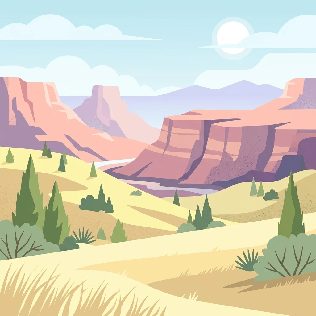 A flat vector-style illustration of a desert landscape showing large, layered mesa cliffs in the background and a sandy, grass-covered foreground with scattered evergreen trees under a pale sky.