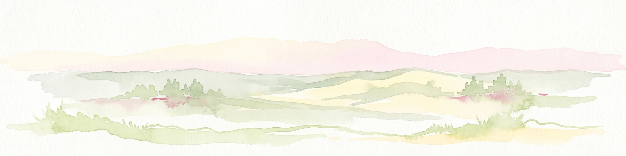 A pale, minimalist watercolor illustration showing rolling hills, sparse patches of vegetation, and soft, distant mountains against a light background.