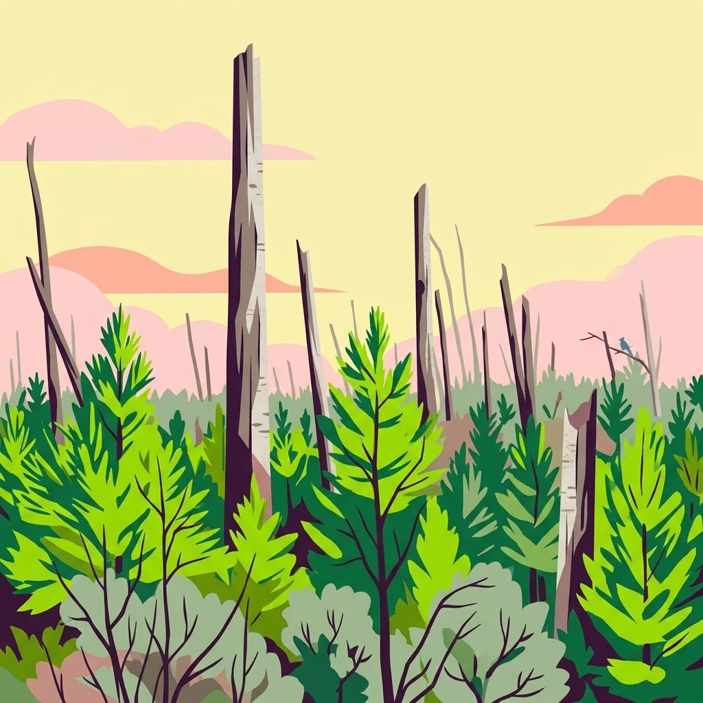 A stylized illustration of a forest scene featuring bright green pine trees and tall, weathered dead tree trunks against a soft yellow and pink sky.