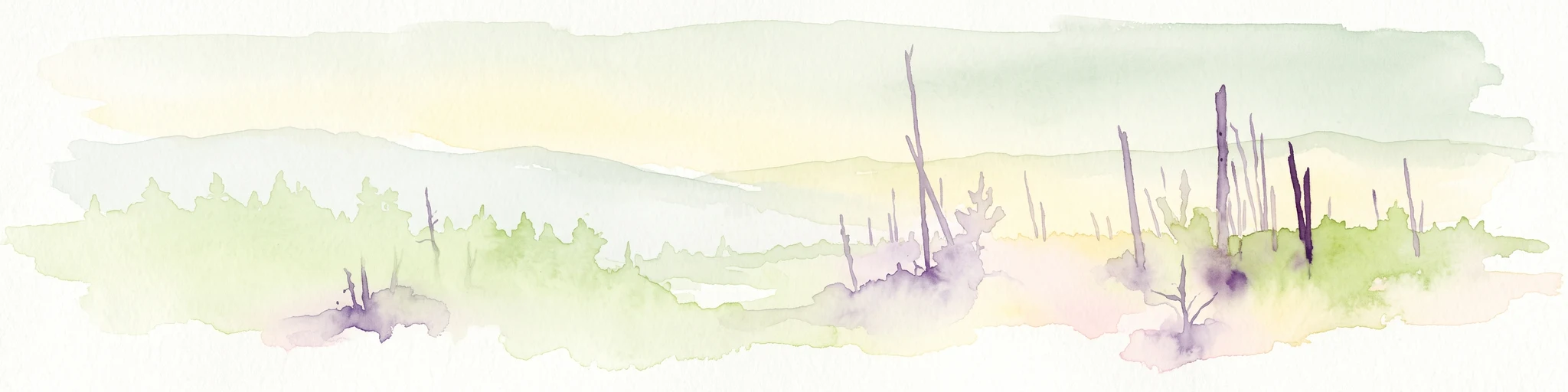 A pale watercolor landscape painting featuring silhouetted dead trees against a soft, light-colored prairie background.