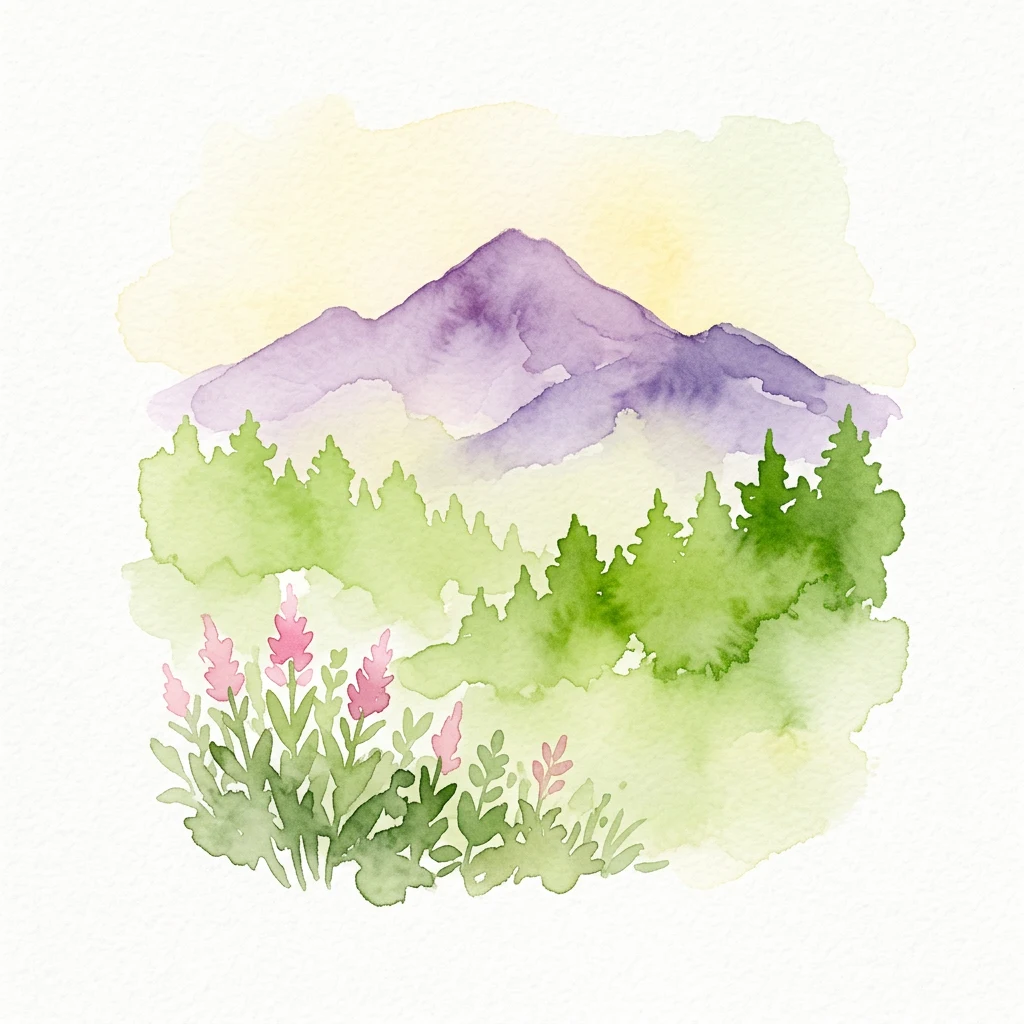 Watercolor illustration of purple mountain peaks, green coniferous forest, and pink wildflowers