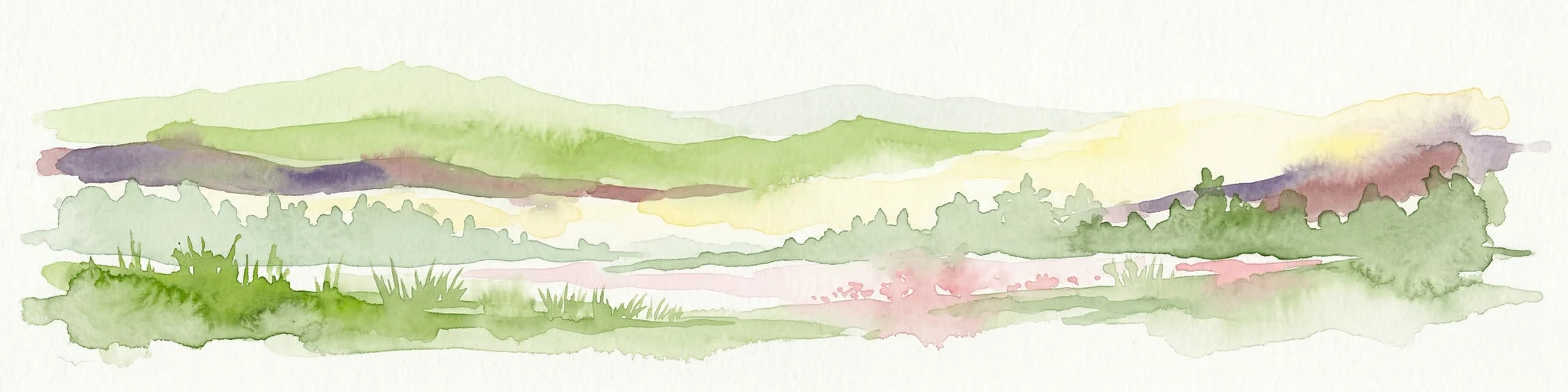 Ilustración acuarela de un paisaje con colinas onduladas, un río y árboles