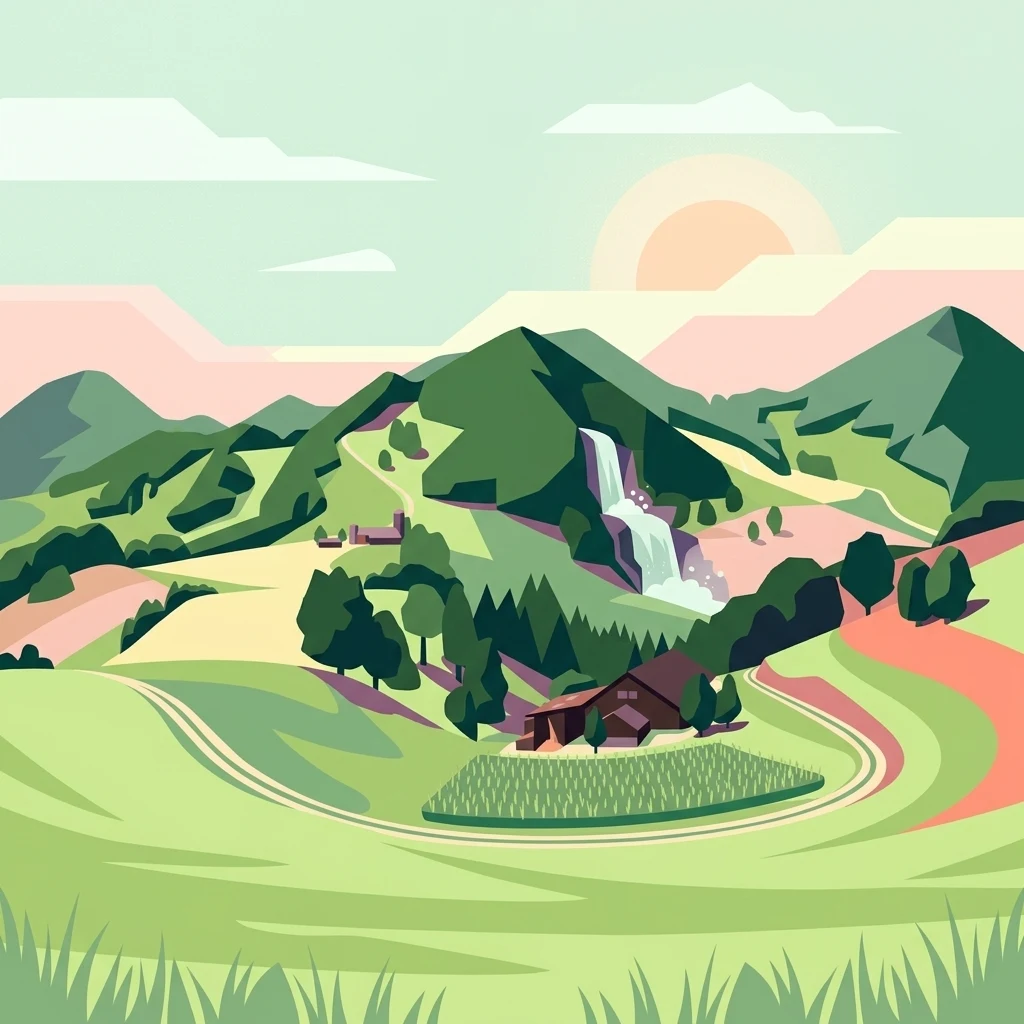 A flat-style digital illustration depicting a pastoral valley with green hills, a winding path, a small farmhouse, and a waterfall flowing down a mountain slope under a soft sunrise.