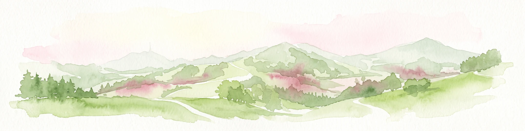 A watercolor painting showing a panoramic view of green rolling hills and wooded ridges under a soft light.