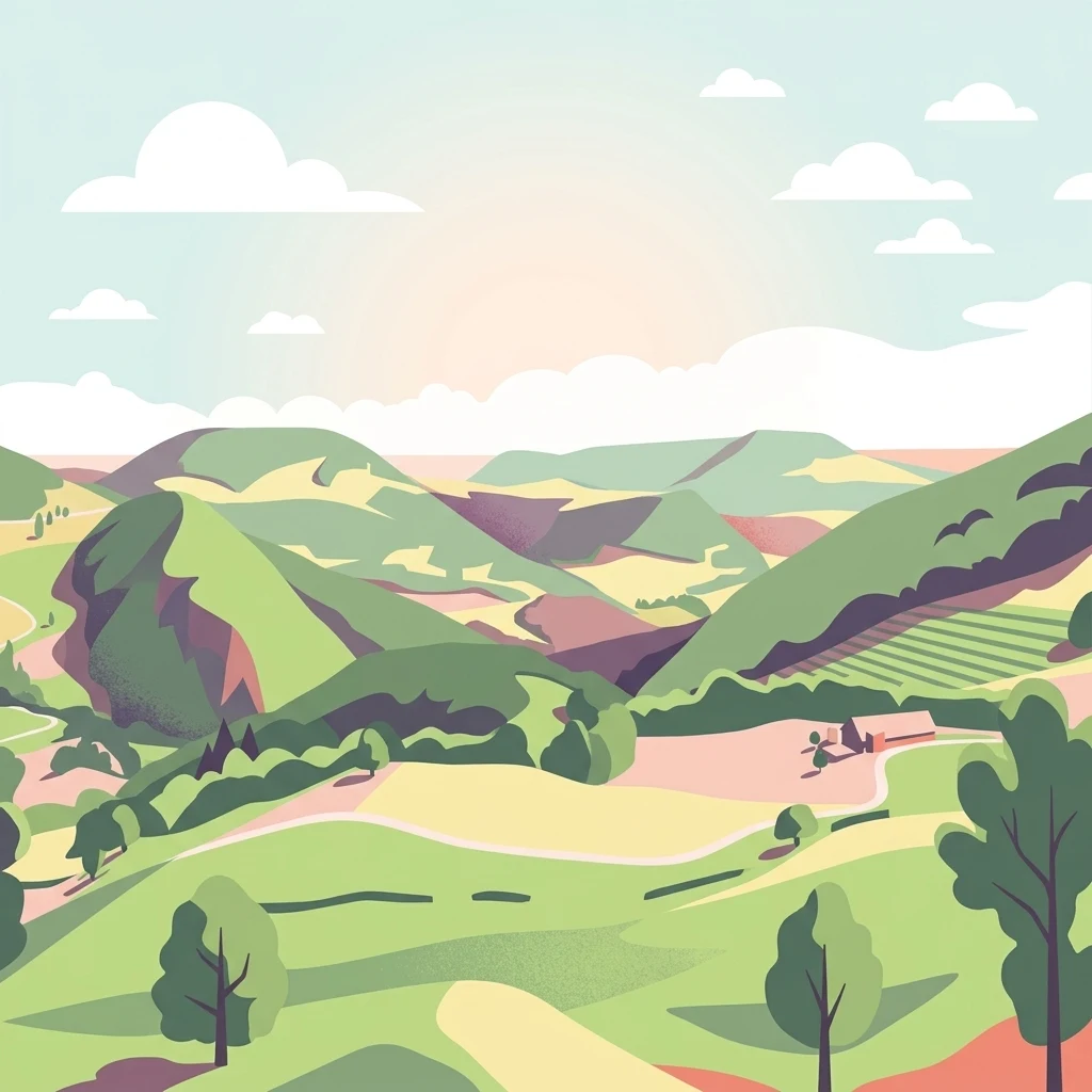 A minimalist flat illustration of rolling green hills, small fields, and scattered trees under a soft, pale sky.