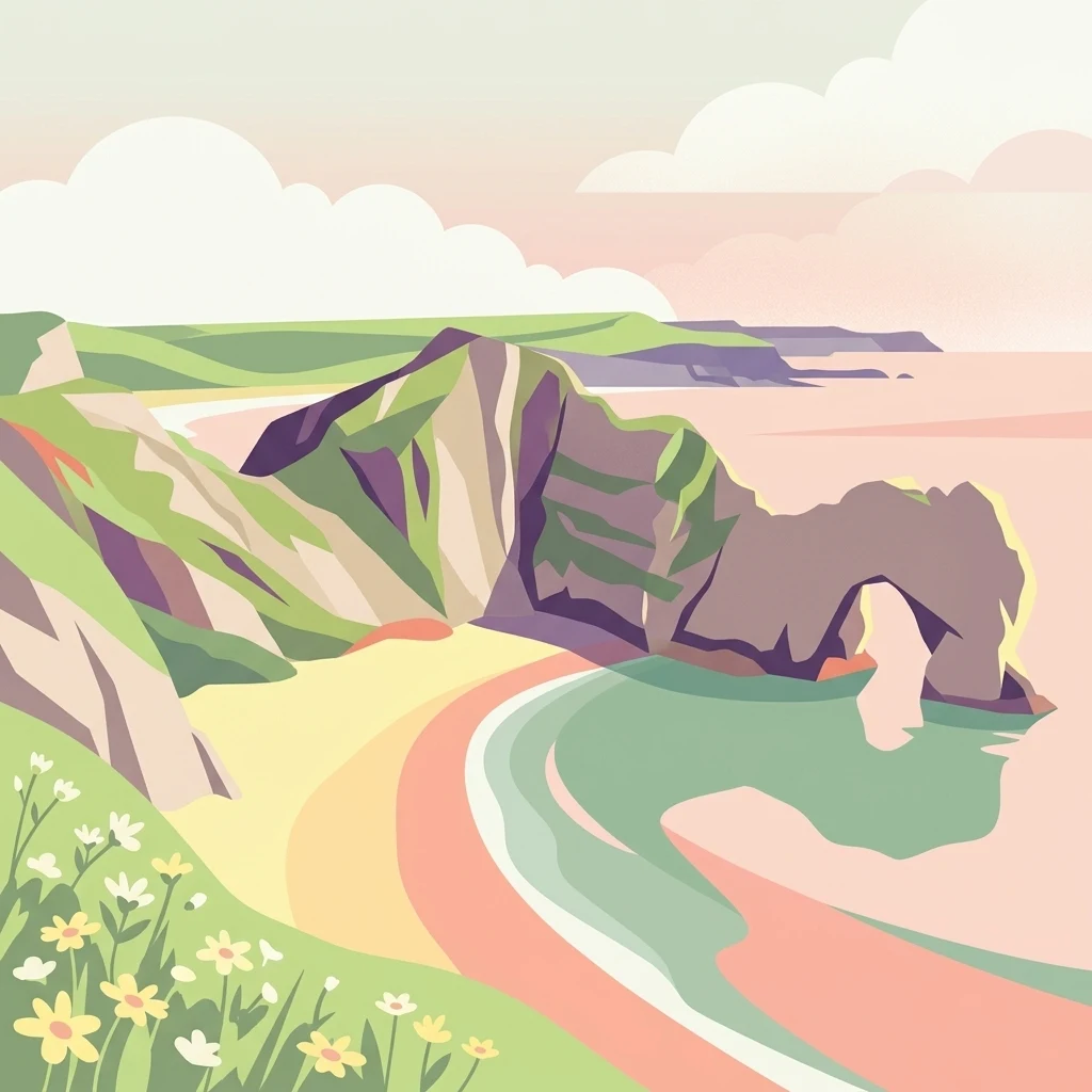 A digital illustration of the iconic Durdle Door natural limestone arch on the Jurassic Coast, featuring soft pastel colors, grassy cliff tops with wildflowers in the foreground, and the beach and ocean below.
