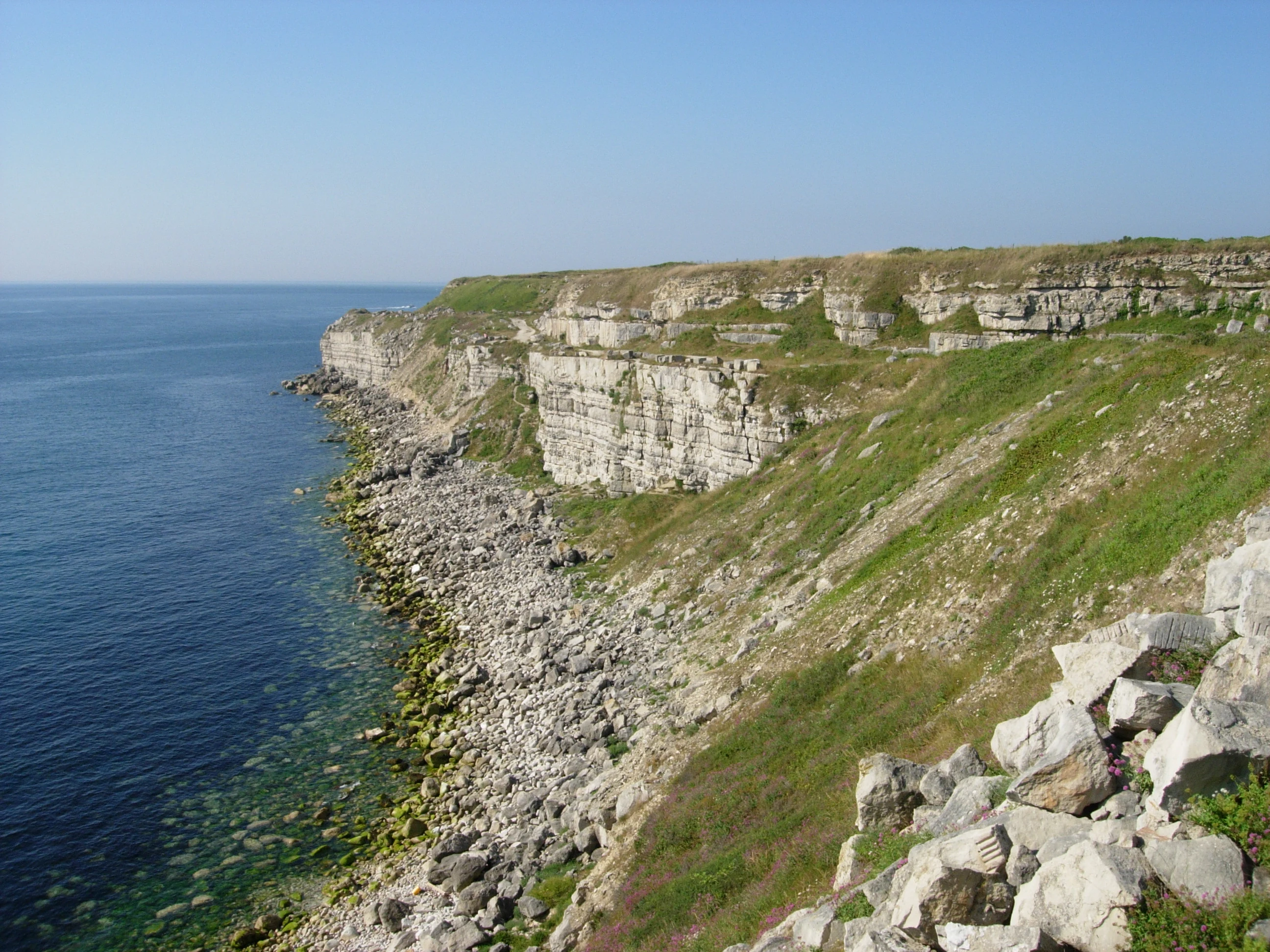 A wide angle view of rocky limestone cliffs meeting the sea, with a boulder-strewn shoreline at the base and sparse grassy vegetation.