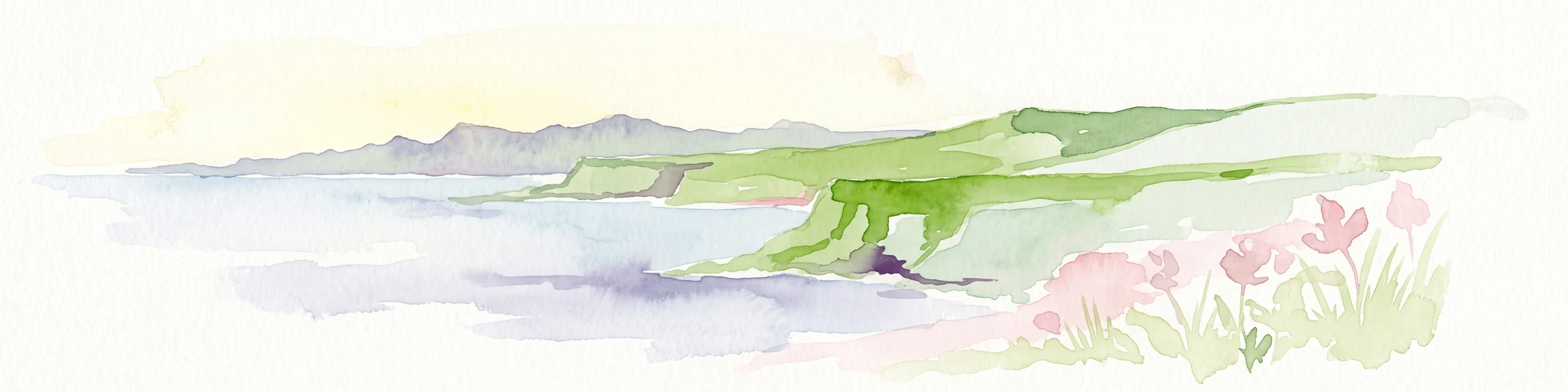 Watercolor painting of a coastline with rolling green cliffs meeting the sea, with small pink flowers in the foreground.