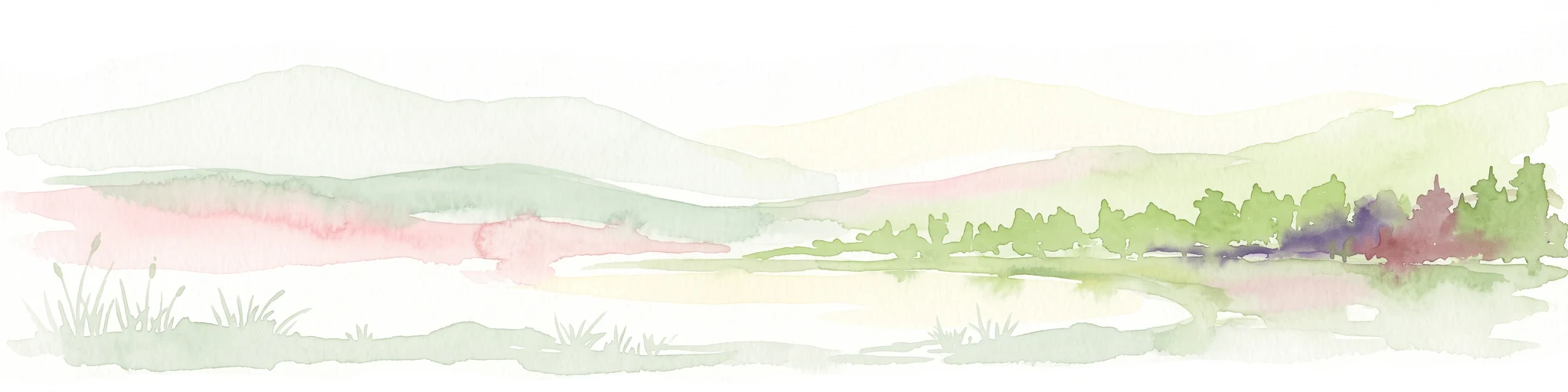A horizontal watercolor illustration showing rolling green hills and a treeline against a pale sky.