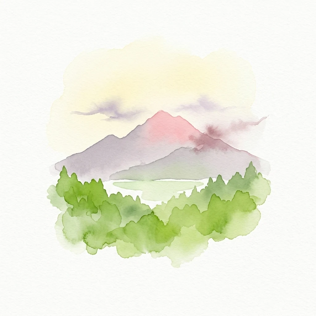 Watercolor painting of mountains with green forest and a small lake under a pale sky with clouds