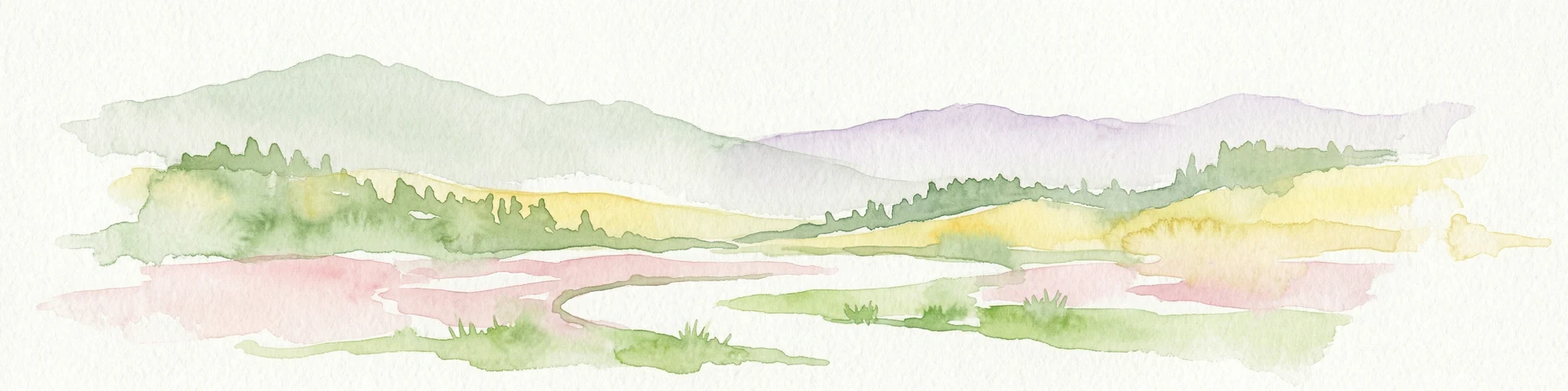 Ilustración acuarela de paisaje montañoso con ríos y campos