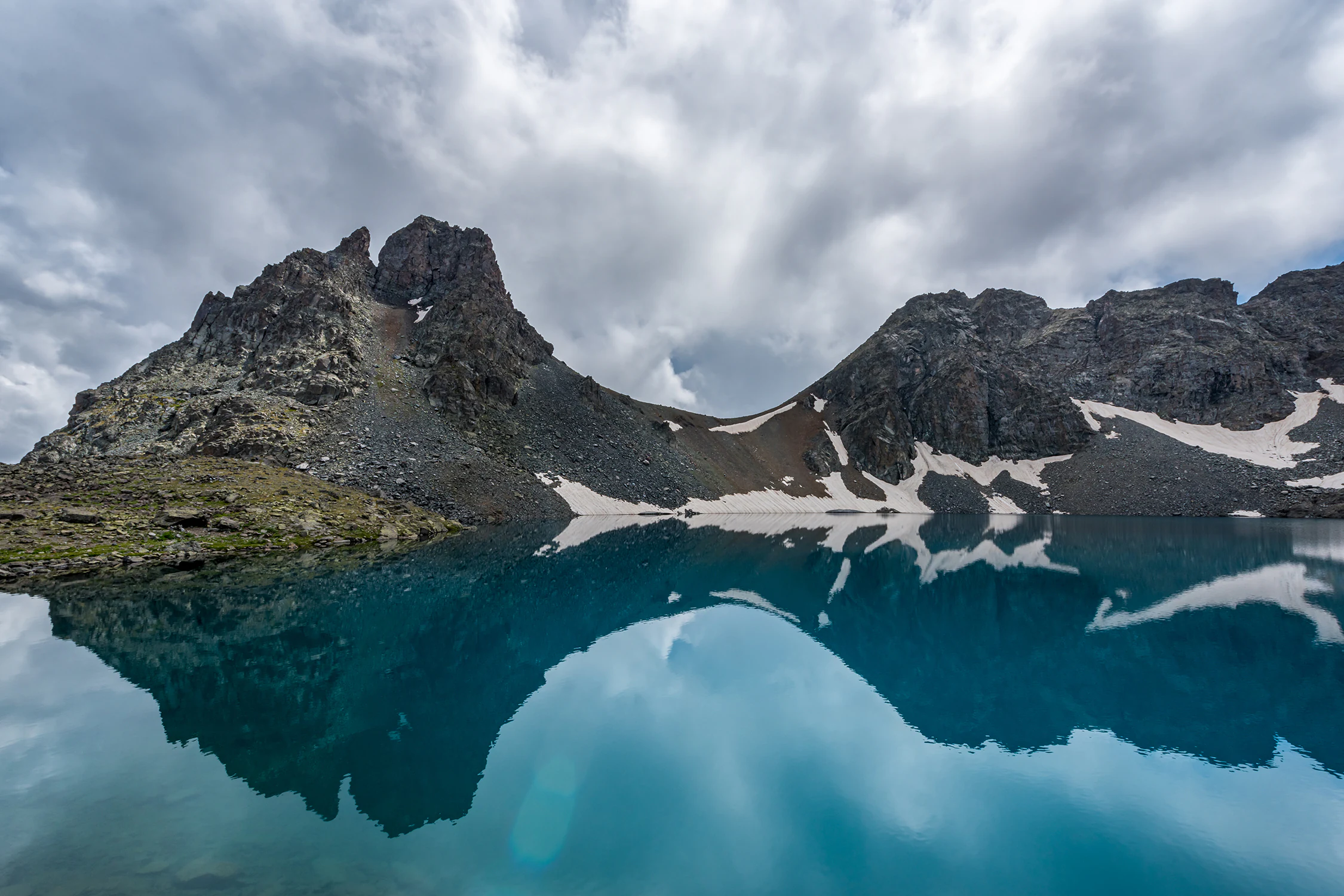 Blue mountain lake reflecting rocky peaks with snow patches and cloudy sky
