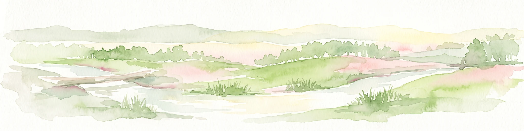A horizontal watercolor illustration showing a gentle river landscape with soft green meadows, trees, and rolling hills in the background.