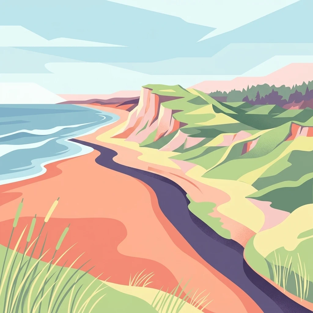 Una ilustración digital de un paisaje costero con dunas de arena, laderas cubiertas de hierba, un arroyo que fluye hacia el océano y acantilados bajo un cielo pálido.