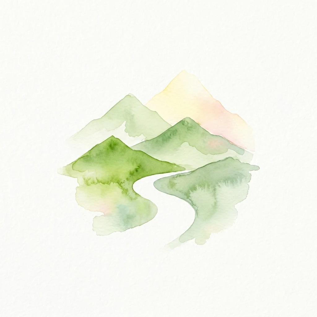 Watercolor illustration of green mountains and a winding river on a light background