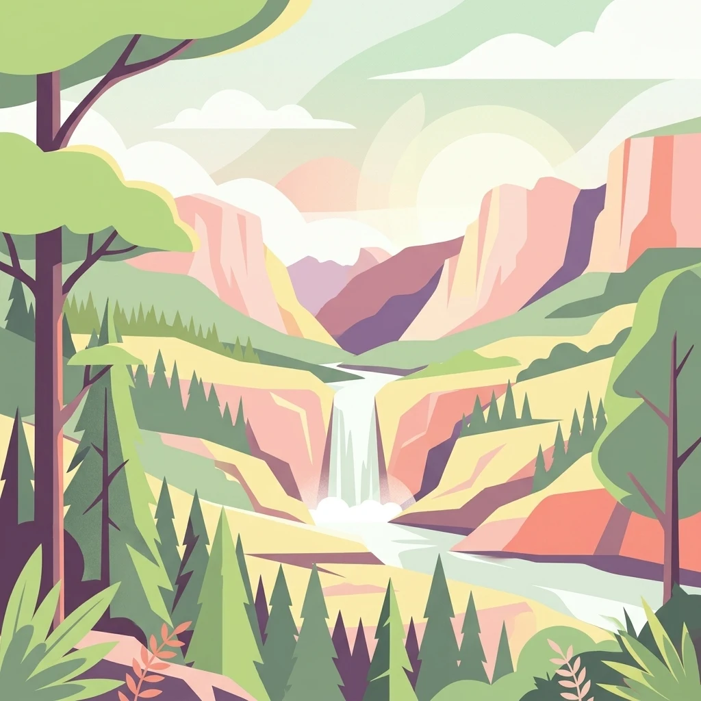 Ilustración de un paisaje montañoso con una cascada, un río y zonas boscosas
