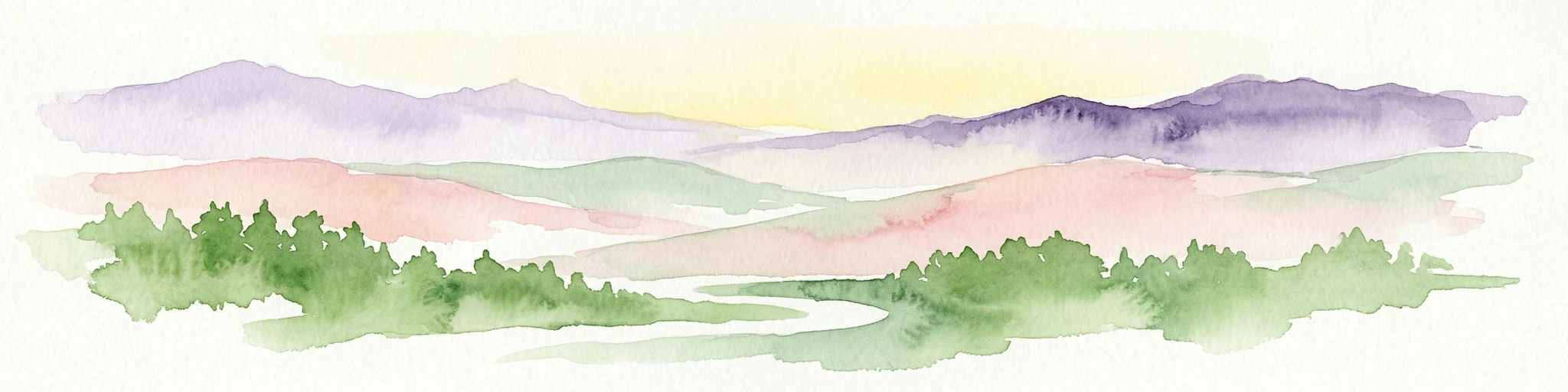 Pintura de acuarela de montañas, valles verdes y un río sinuoso bajo un cielo suave