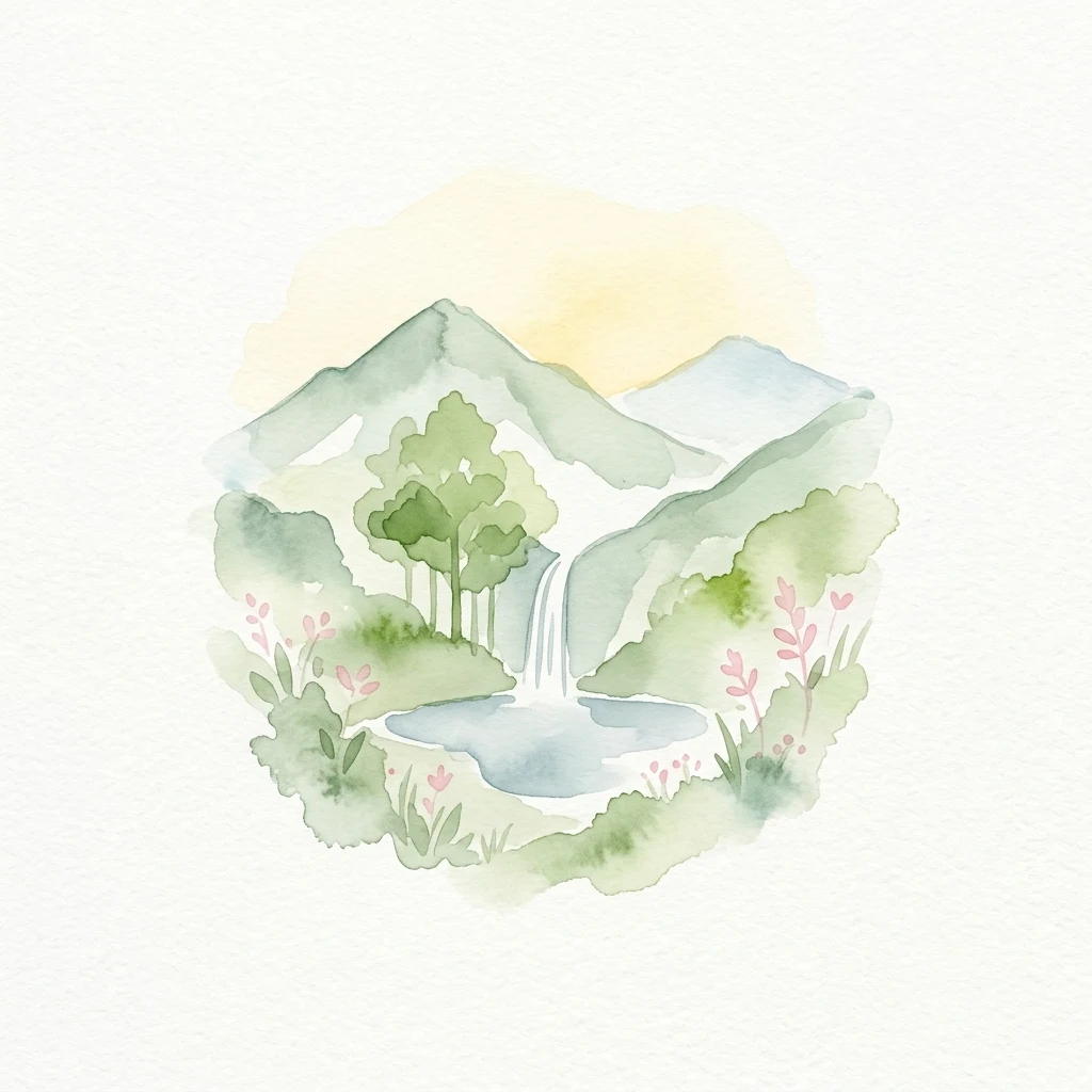 Watercolor illustration of a waterfall cascading into a pond surrounded by green mountains, trees, and pink flowers.