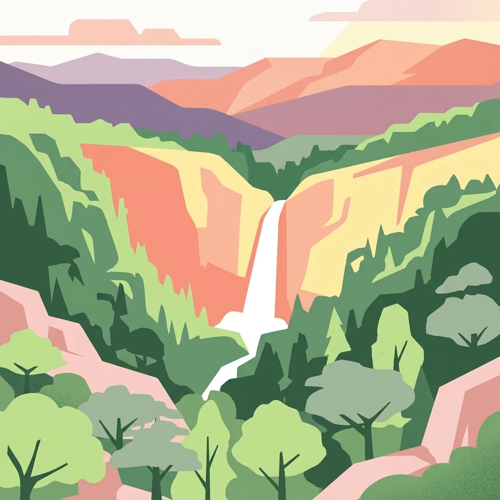 Ilustración estilizada de una cascada en un paisaje de bosque montañoso con colinas en capas y terreno colorido