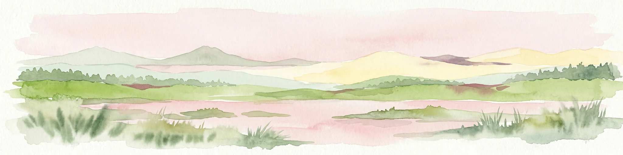 Ilustración en acuarela de un paisaje con montañas, masas de agua y campos de hierba
