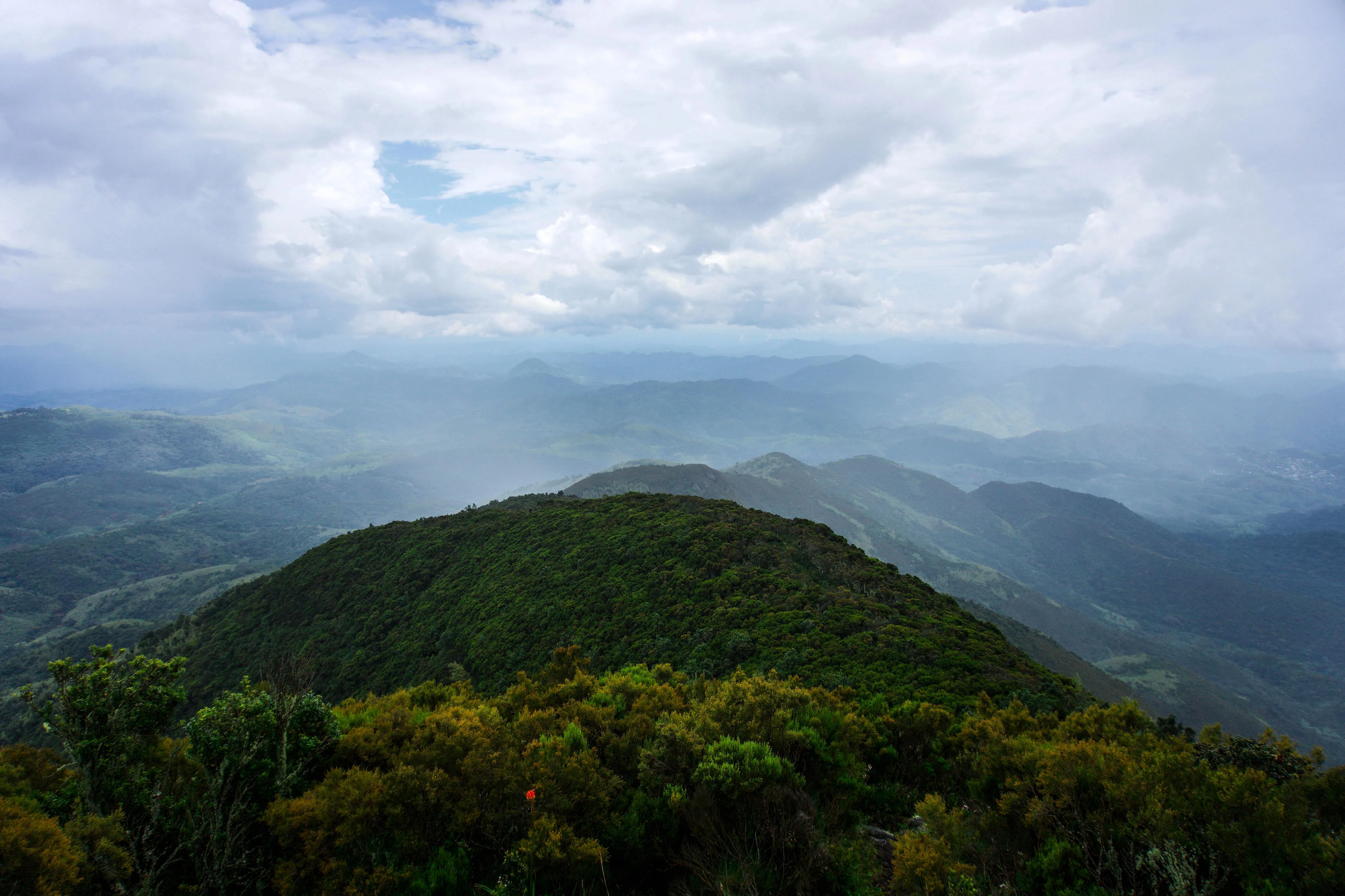 Vista panorámica del pico del monte Kahuzi, con laderas boscosas densas, montañas onduladas al fondo y cielo parcialmente nublado