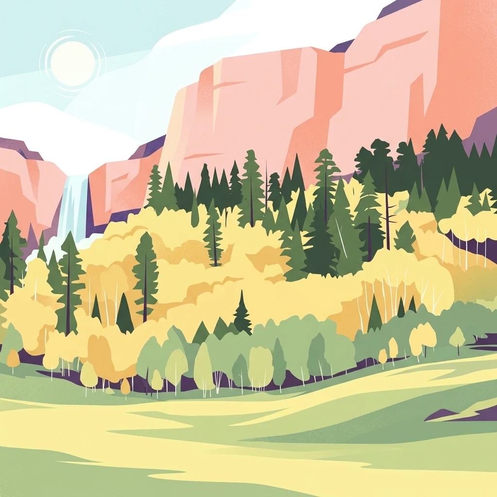 An illustration showing steep, light-colored rocky cliffs behind a forest of evergreen and yellow-leafed deciduous trees, with a small waterfall on the left and a green meadow in the foreground.