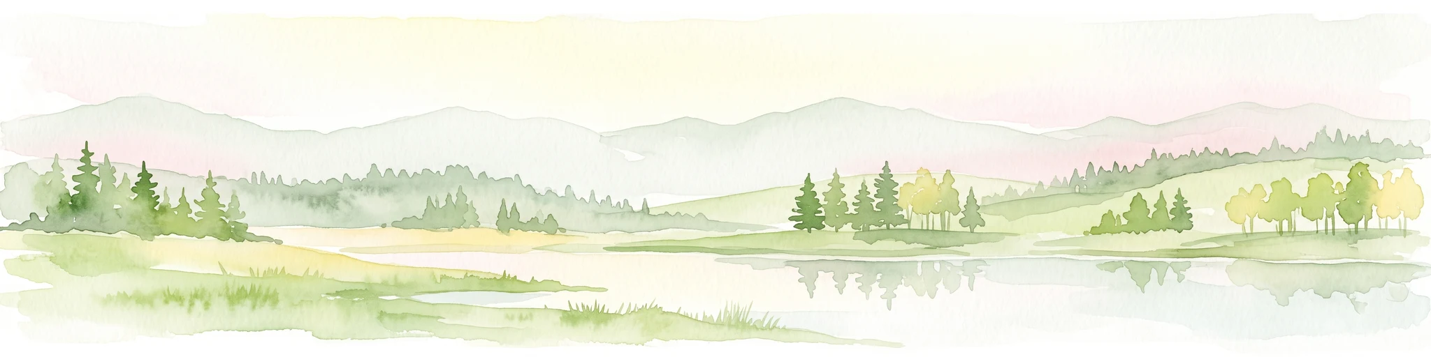 A horizontal watercolor illustration showing a calm lake in the foreground, surrounded by grassy banks, evergreen trees, and rolling mountains in the distance under a pale sky.