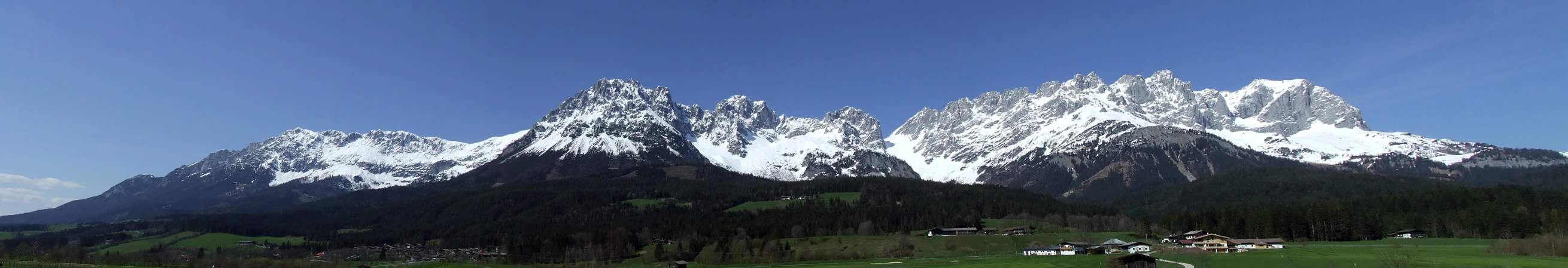 Panoramic view of the jagged limestone peaks of the Wilder Kaiser mountains, with snow on the summits and dark coniferous forests at the base, viewed from a green valley in Ellmau, Austria.