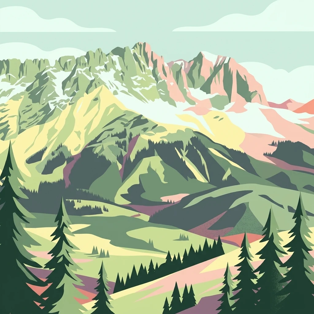A graphic illustration of a dramatic limestone mountain range with coniferous forests in the foreground.