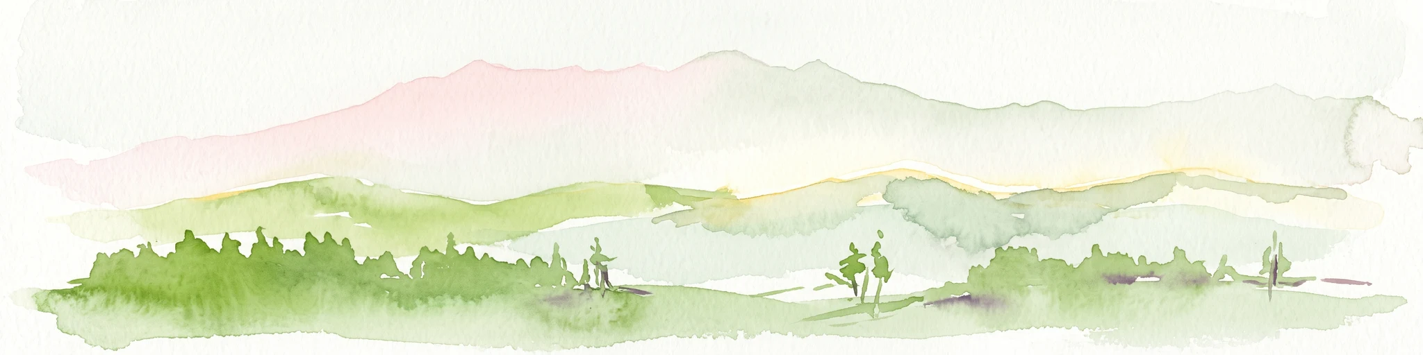 A pale, minimalist watercolor illustration of layered mountain silhouettes in the background and a green, forested foreground.