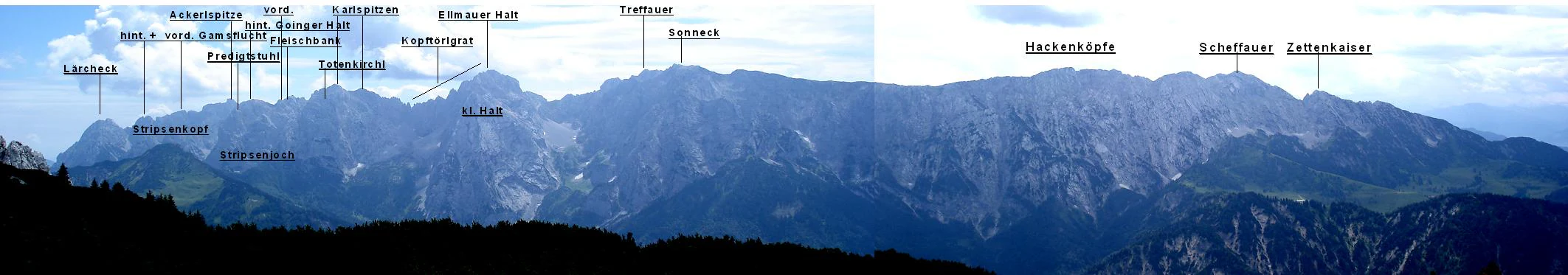 A wide panoramic photograph showing a rugged limestone mountain range under a partly cloudy sky, with many peaks identified by thin vertical lines and text labels above them.