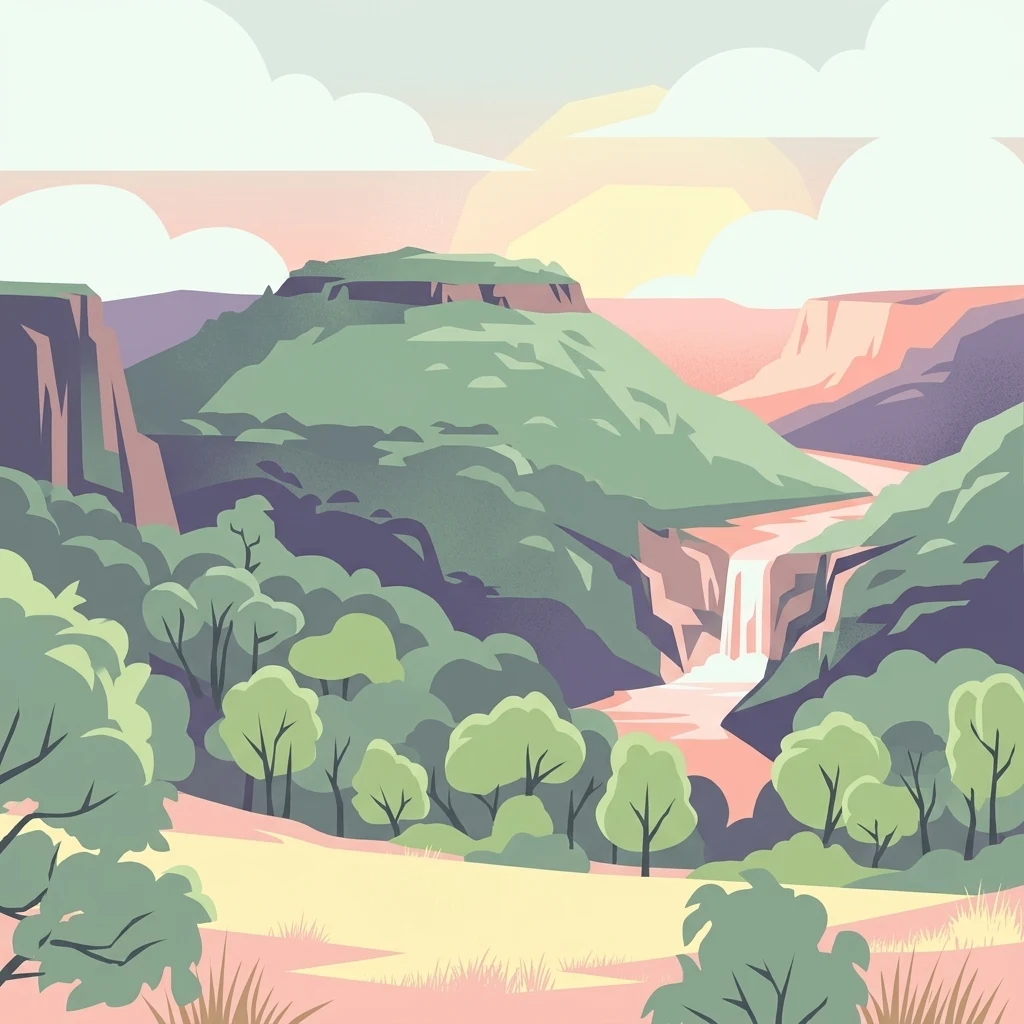 Una ilustración digital estilizada de un paisaje montañoso con un río que fluye a través de un valle y una cascada al pie de una colina boscosa bajo una luz suave.