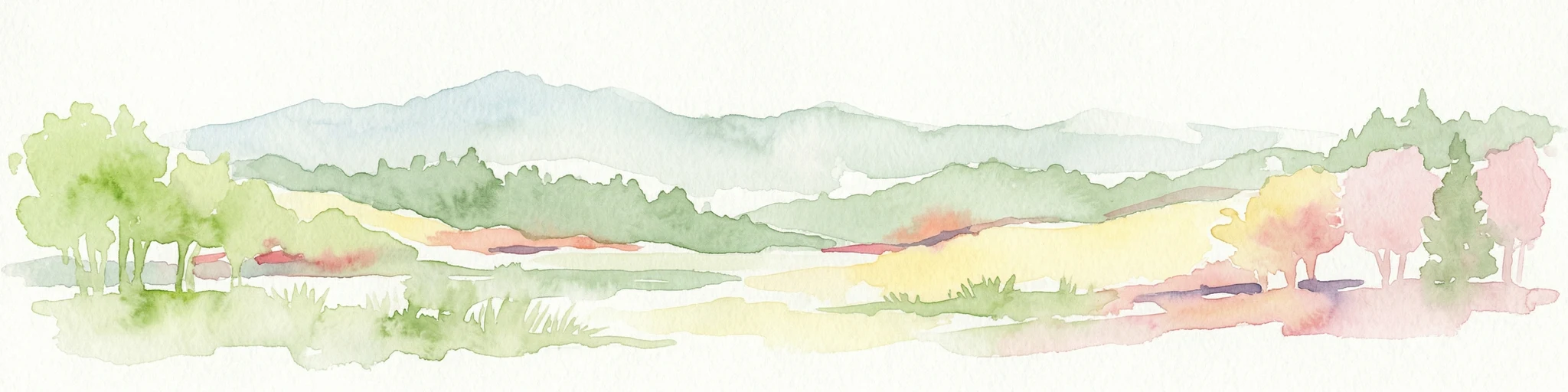 Watercolor illustration of a landscape with rolling hills, trees, and fields