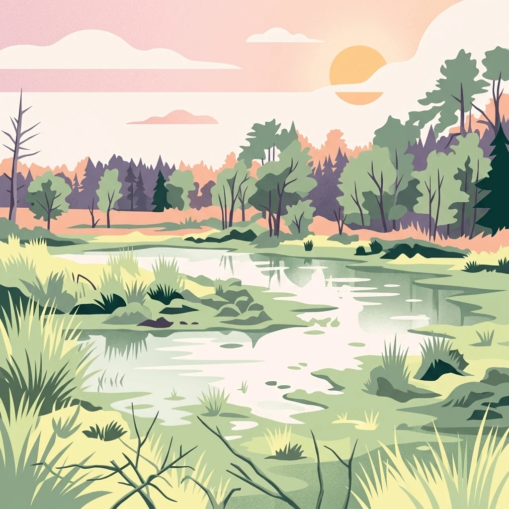 A flat-style digital illustration of a marshland at sunset, featuring grassy banks, calm water reflecting the sky, and a forest tree line in the background.