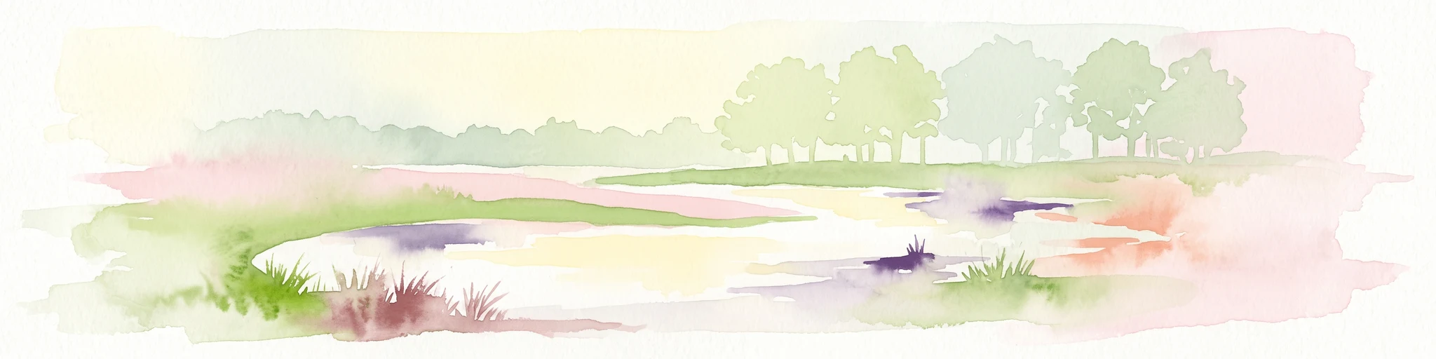 Watercolor painting of a soft, hazy forest landscape with a pond in the foreground.
