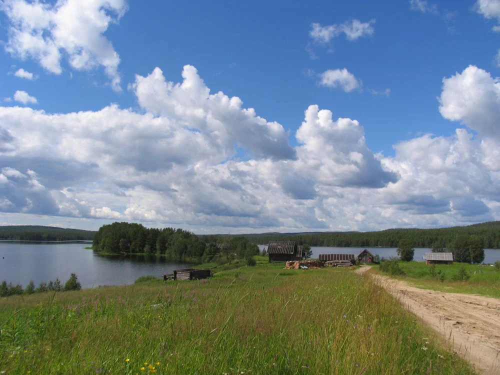 Un camino de tierra conduce hacia pequeñas casas de madera en una colina cubierta de hierba con vistas a un lago tranquilo rodeado de bosque bajo un cielo azul nublado.