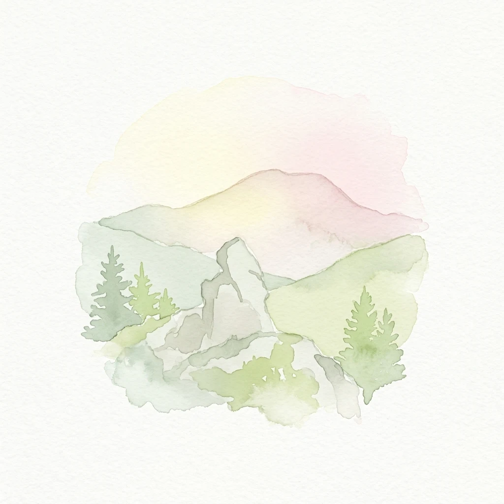 Watercolor painting showing a mountain landscape with green hills, trees, and a pale pink sky