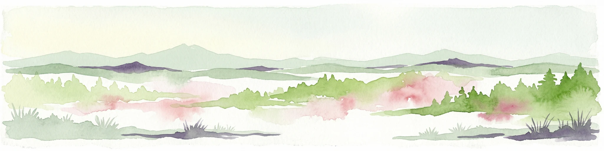 Pintura de acuarela que representa cordilleras en capas, bosques y masas de agua en tonos verdes y rosas