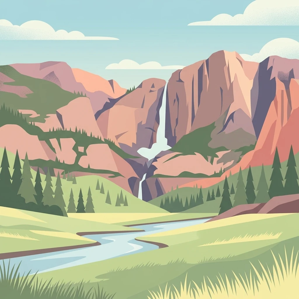 An illustration of a green valley with a winding river flowing through a meadow, surrounded by pine forests and high rocky cliffs with a waterfall cascading down.