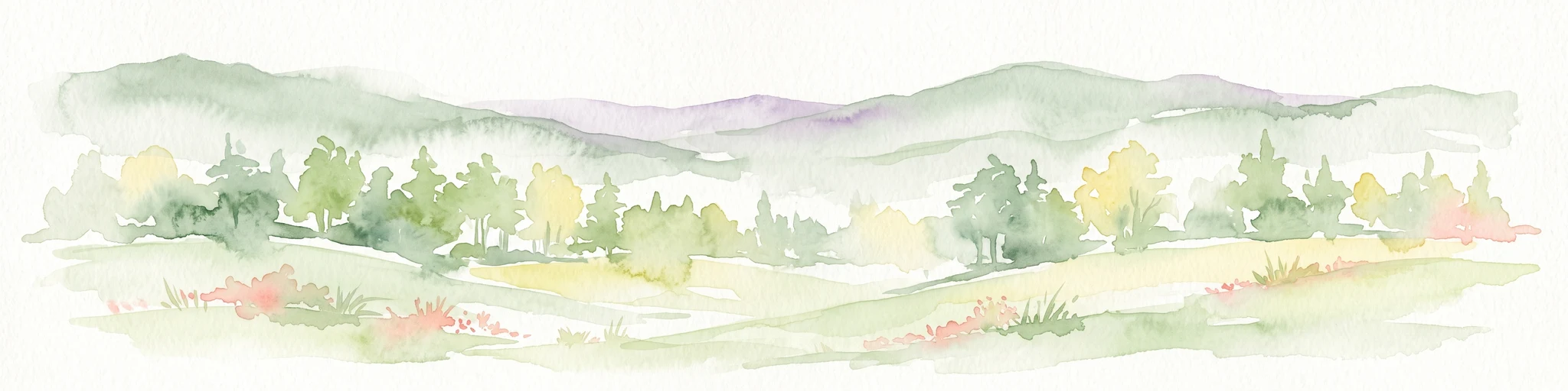 Una acuarela de un paisaje suave y ondulado, con colinas difuminadas al fondo y un grupo de árboles de color verde claro y amarillo en el plano medio.
