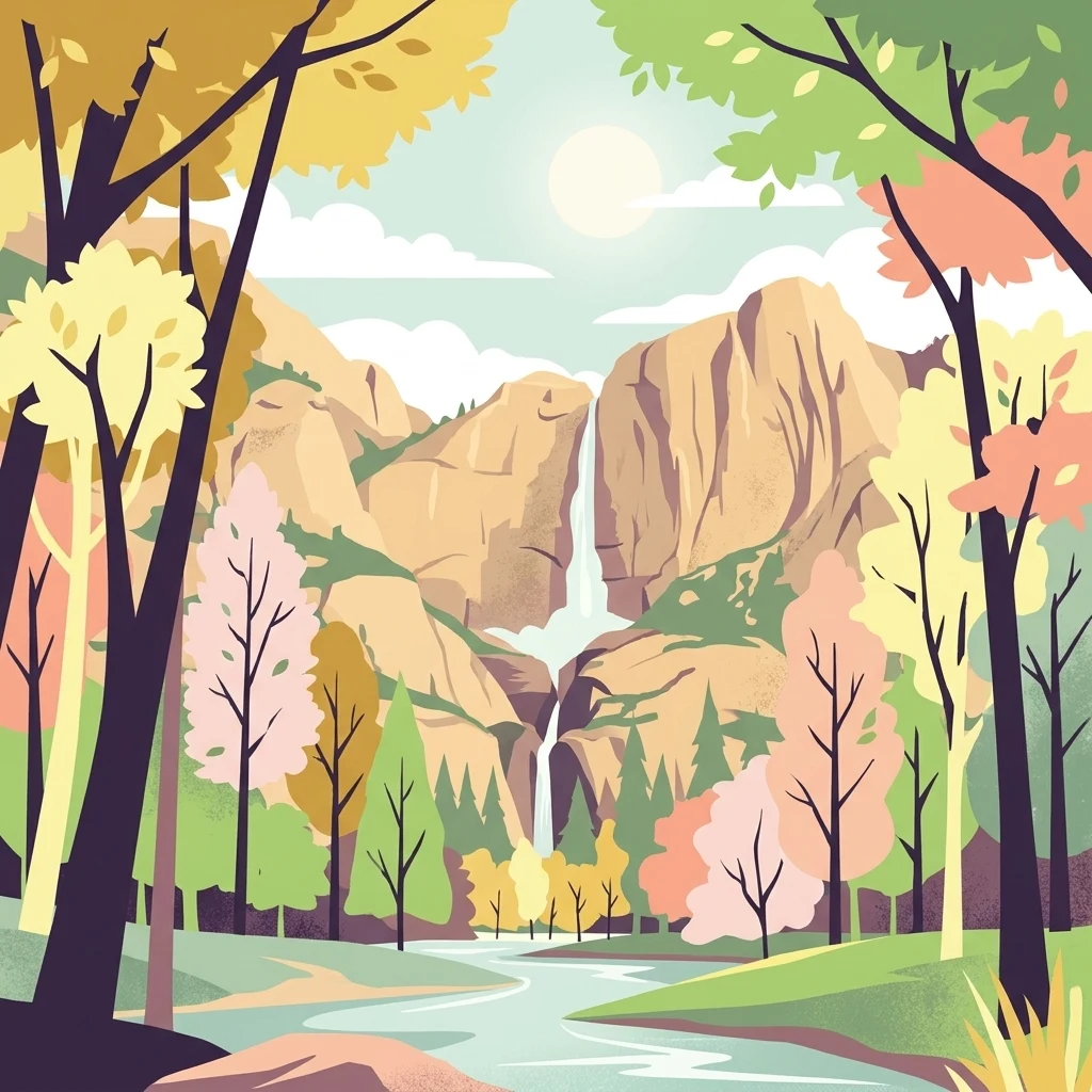 A flat-style digital illustration of a scenic valley featuring towering rocky cliffs, two tiers of waterfalls, a winding river, and a colorful forest in the foreground.