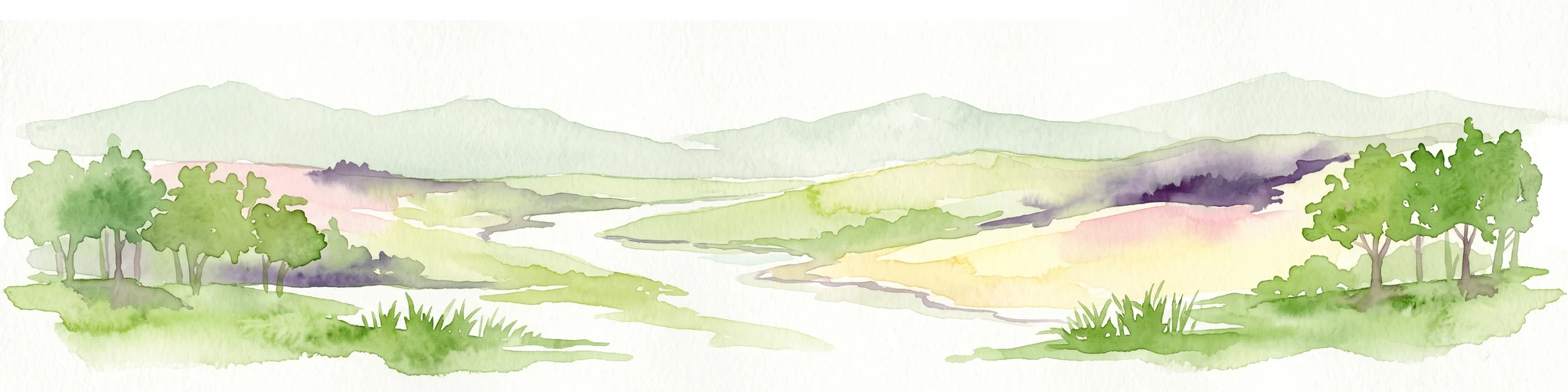 Watercolor painting of a green landscape with rolling hills, a winding path or stream, and trees on both sides against a light background.