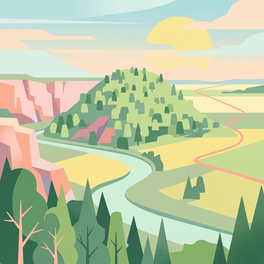 A stylized digital illustration of a green, forest-covered hill set against a landscape of limestone cliffs, winding paths, and soft, pastel-colored fields at sunset.