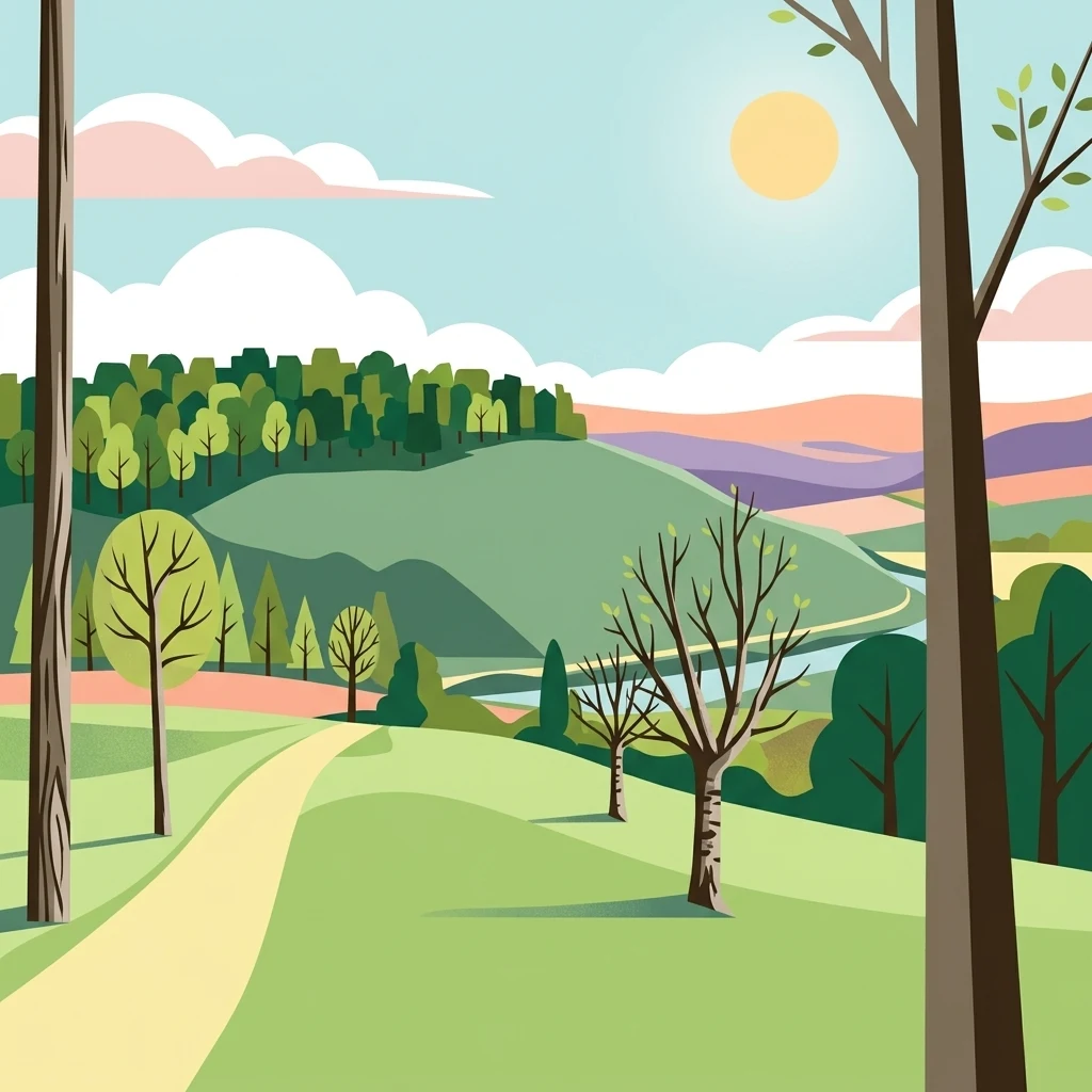 Una ilustración digital de estilo plano que representa un paisaje soleado con un sendero de tierra amarilla que serpentea entre colinas verdes cubiertas de hierba, árboles dispersos y una cresta boscosa distante bajo un cielo azul pálido.