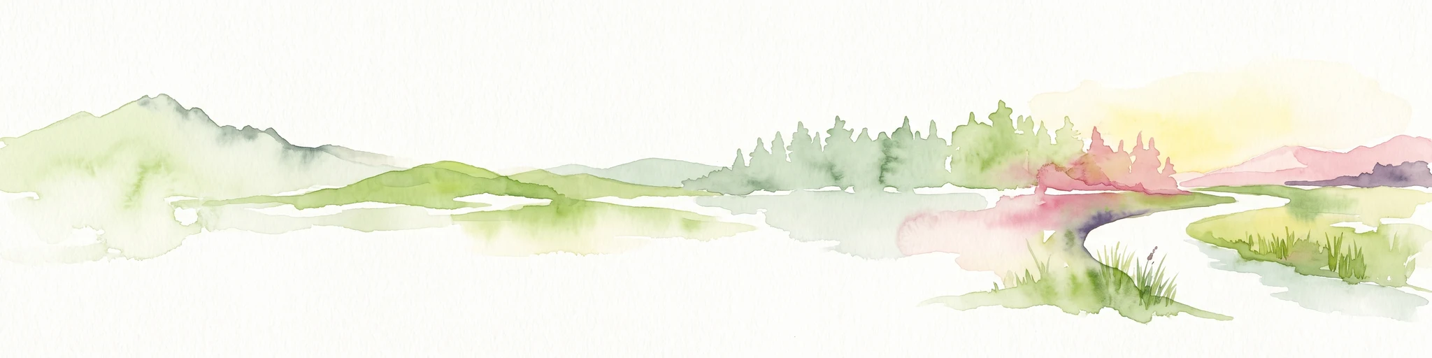 A horizontal watercolor painting depicting a gentle landscape with rolling green hills, a small stream winding through fields, and a light sky.