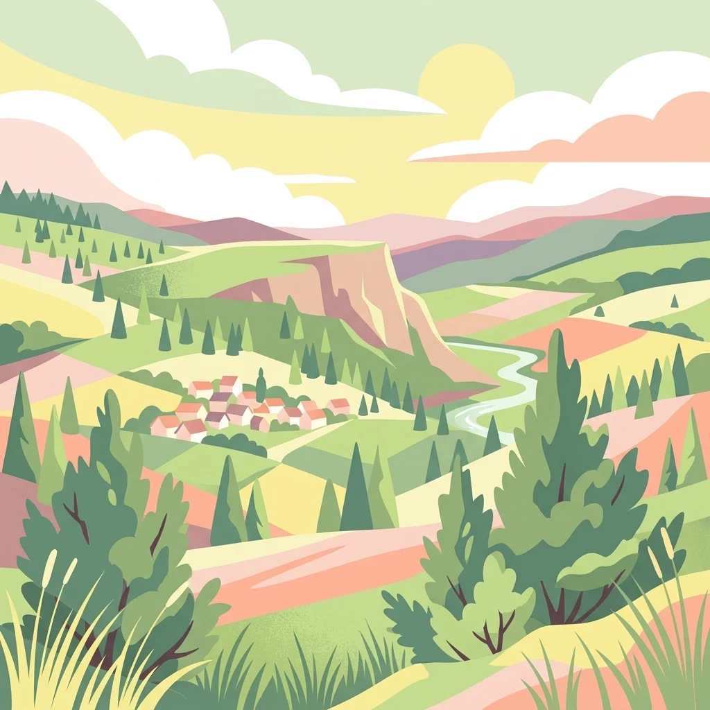 Una ilustración digital de un paisaje montañoso verde con un pequeño grupo de casas en un valle, un arroyo serpenteante, coníferas dispersas y colinas suaves al fondo bajo un sol pálido.