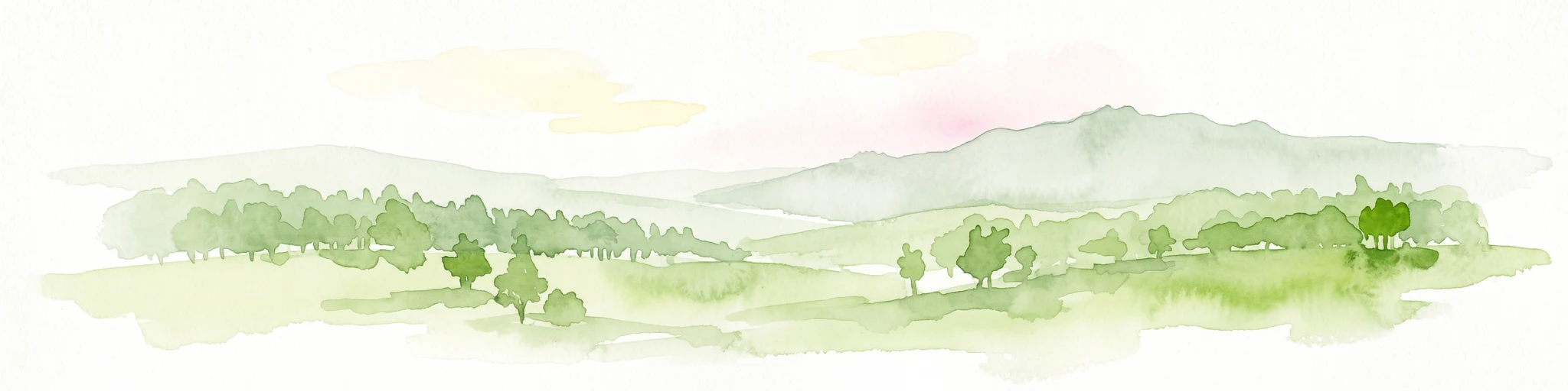 A horizontal watercolor illustration depicting rolling green hills, scattered trees, and soft mountain silhouettes against a pale sky.