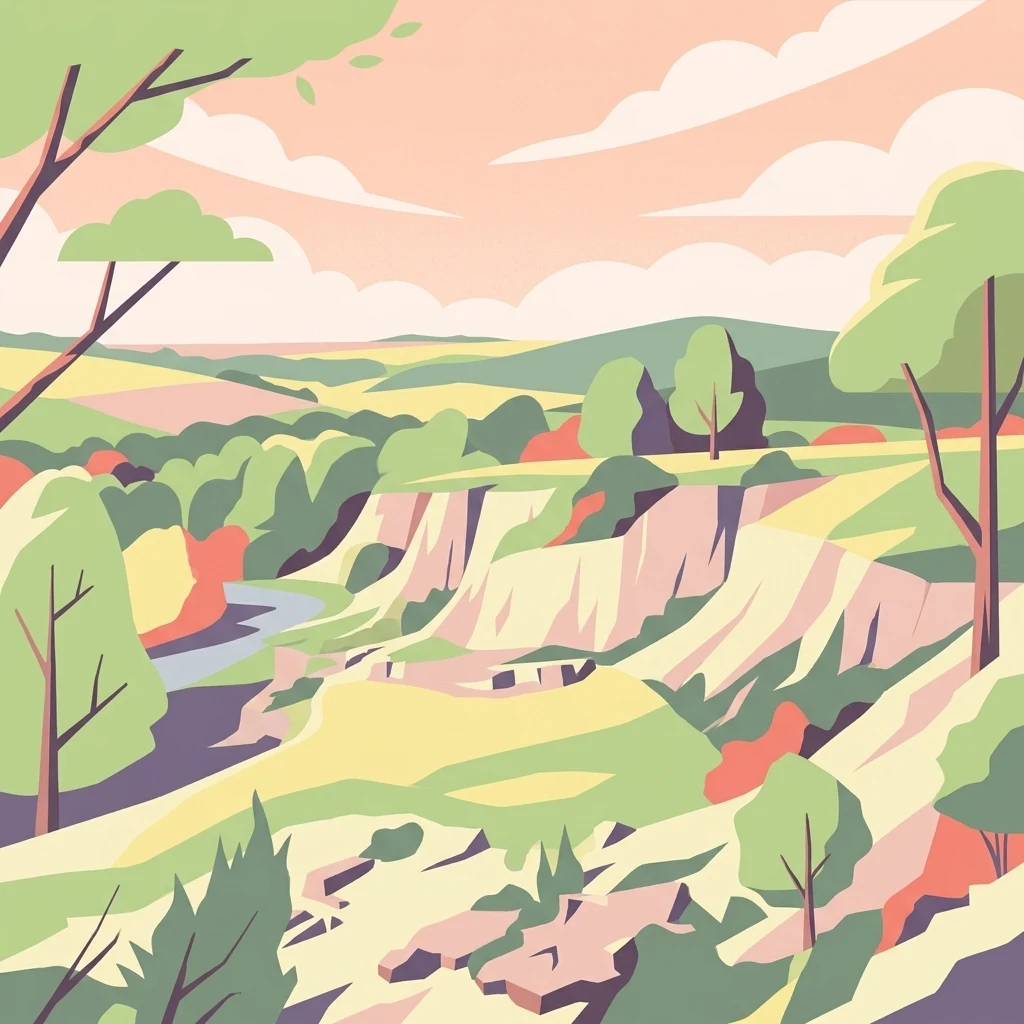 A flat-style digital illustration depicting a river valley with steep light-colored cliffs, surrounding green meadows, scattered trees, and a distant hilly horizon under a soft, warm sky.