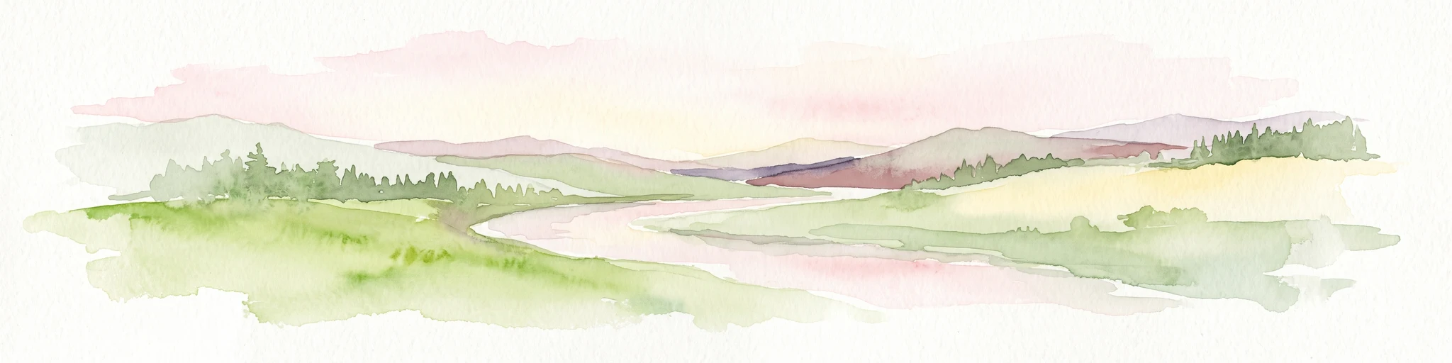 A soft watercolor painting showing a winding river flowing through a green meadow with rolling hills and distant forested ridges under a pale, warm sky.