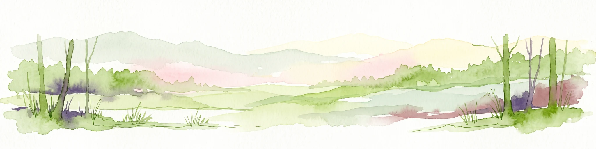 A horizontal watercolor painting showing a soft, impressionistic landscape with rolling hills, sparse trees, and pale green and pink tones on a white background.